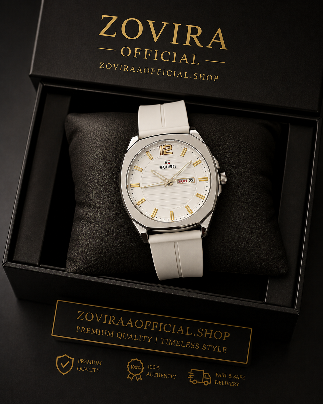 SWISH Men’s Gold Case Watch (BZ-FD04) – White Dial with Date Leather Rubber Strap
