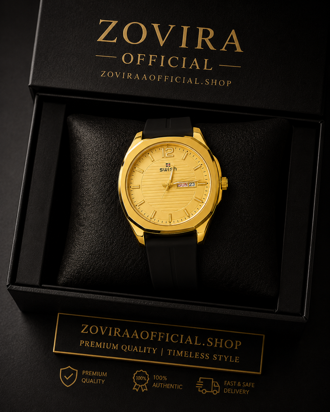 SWISH Men’s Gold Case Watch (BZ-FD04) – White Dial with Date Leather Rubber Strap