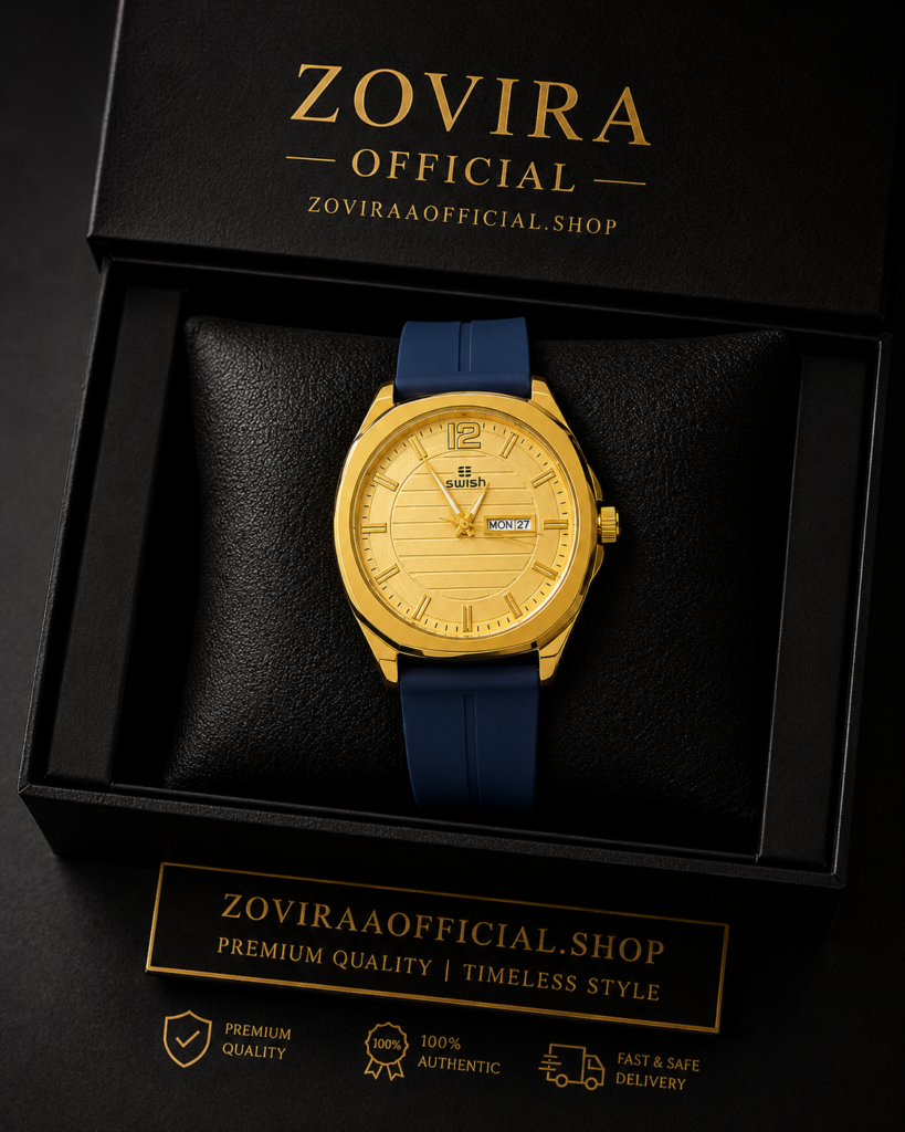 SWISH Men’s Gold Case Watch (BZ-FD04) – White Dial with Date Leather Rubber Strap