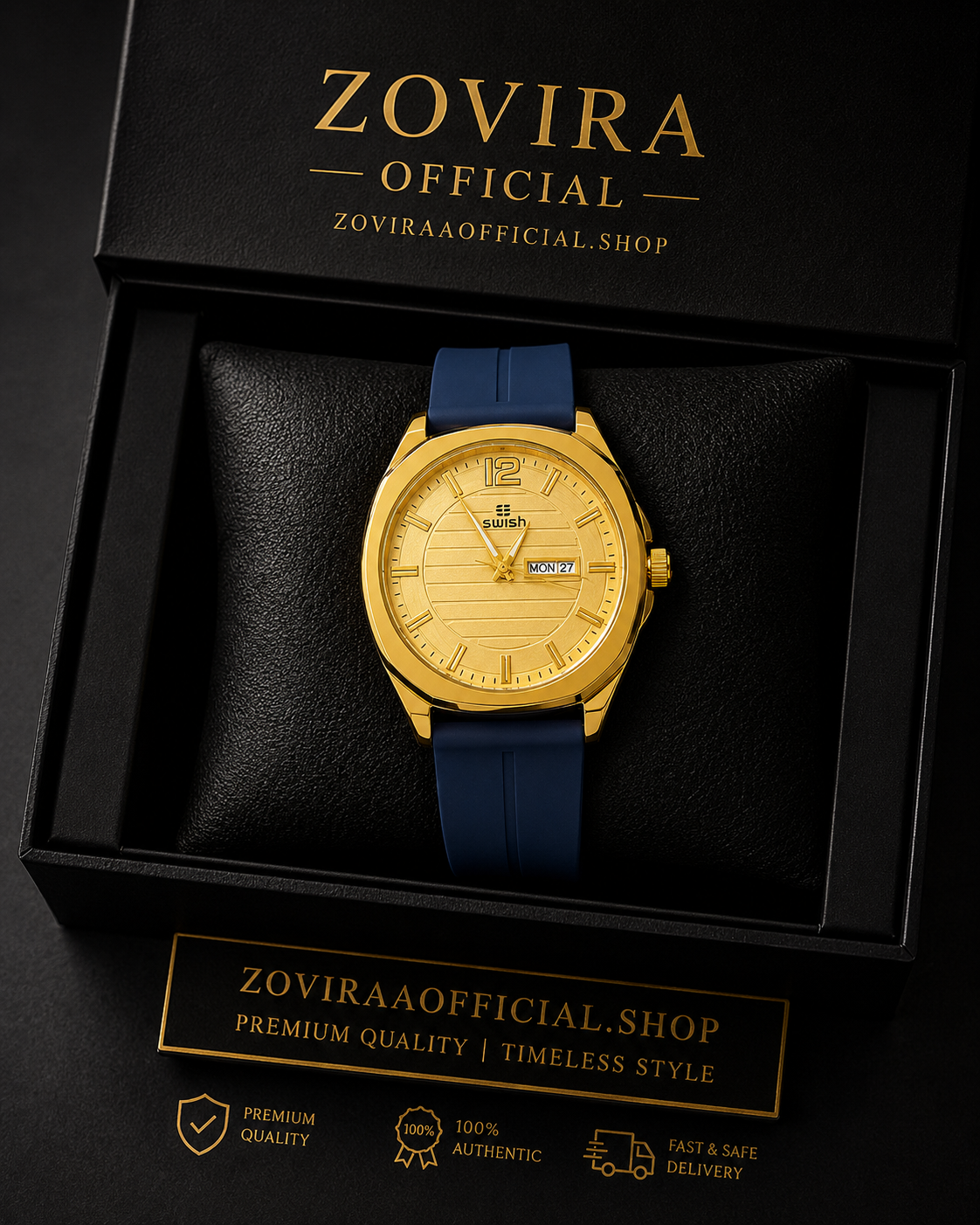 SWISH Men’s Gold Case Watch (BZ-FD04) – White Dial with Date Leather Rubber Strap