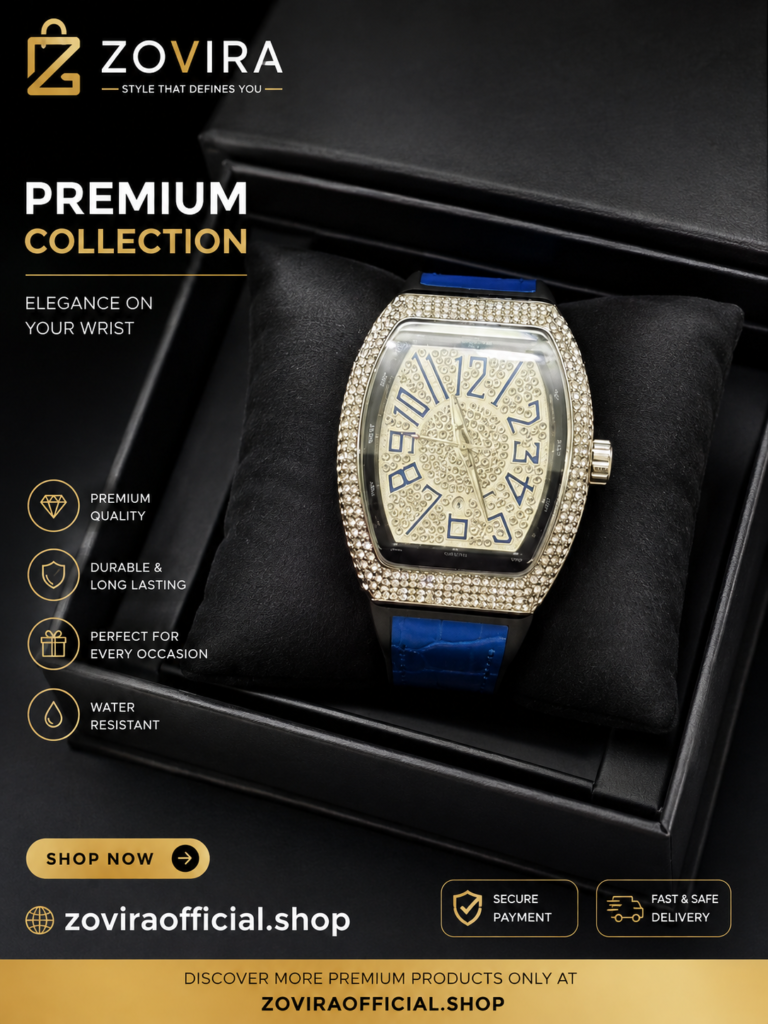 Franck Muller Vanguard Diamond Edition Blue Strap Rose Gold Bezel Golden Dial